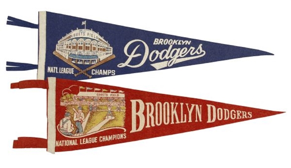 Lot of (2) Brooklyn Dodgers Ebbets Field Vintage Pennants (Reese LOA)